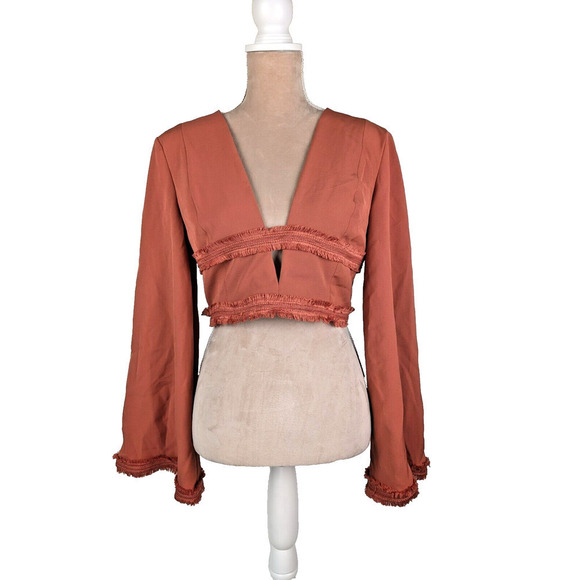 Finders Keepers Visions Large Crop Top Blouse Rust Red Bell Sleeve Fringed NWT - Picture 1 of 10